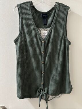 Daytrip Olive Green Waffle-Knit Button Front Tank with Tie Hem